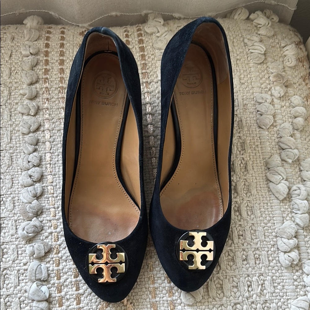 Tory Burch Black Wedges with Gold Logo